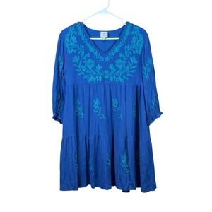 J. Marie Embroidered Madeline‎ Dress Blue Green Preppy Vacation Beach Resort Med
